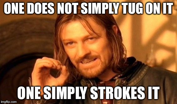 One Does Not Simply | ONE DOES NOT SIMPLY TUG ON IT ONE SIMPLY STROKES IT | image tagged in memes,one does not simply | made w/ Imgflip meme maker