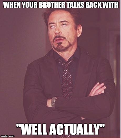 Face You Make Robert Downey Jr Meme | WHEN YOUR BROTHER TALKS BACK WITH "WELL ACTUALLY" | image tagged in memes,face you make robert downey jr | made w/ Imgflip meme maker