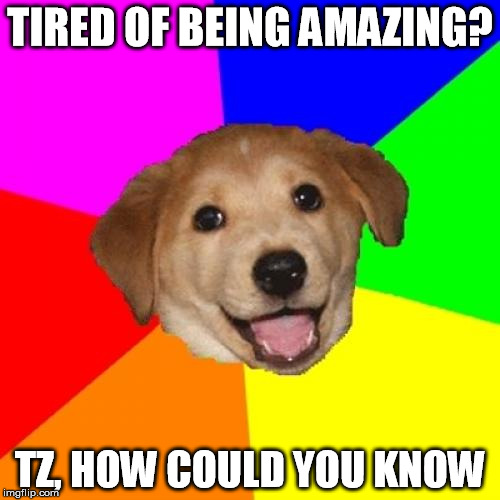 Advice Dog Meme | TIRED OF BEING AMAZING? TZ, HOW COULD YOU KNOW | image tagged in memes,advice dog | made w/ Imgflip meme maker