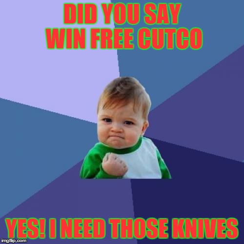 Success Kid | DID YOU SAY WIN FREE CUTCO YES! I NEED THOSE KNIVES | image tagged in memes,success kid | made w/ Imgflip meme maker
