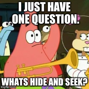 No Patrick | I JUST HAVE ONE QUESTION. WHATS HIDE AND SEEK? | image tagged in memes,no patrick | made w/ Imgflip meme maker