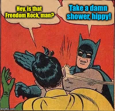 Anyone remember this commercial from the 80's?  | Hey, is that Freedom Rock, man? Take a damn shower, hippy! | image tagged in memes,batman slapping robin | made w/ Imgflip meme maker