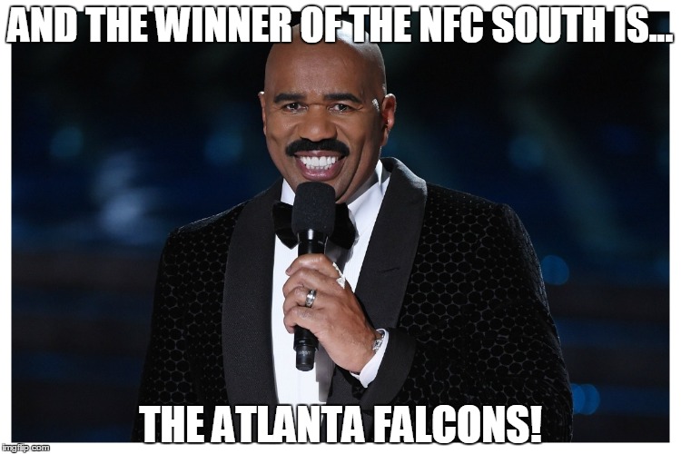AND THE WINNER OF THE NFC SOUTH IS... THE ATLANTA FALCONS! | image tagged in steve harvey,football,winner,miss universe,atlanta falcons | made w/ Imgflip meme maker