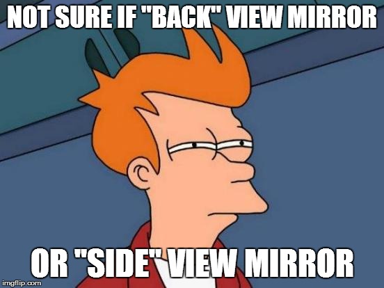 NOT SURE IF "BACK" VIEW MIRROR OR "SIDE" VIEW MIRROR | image tagged in memes,futurama fry | made w/ Imgflip meme maker