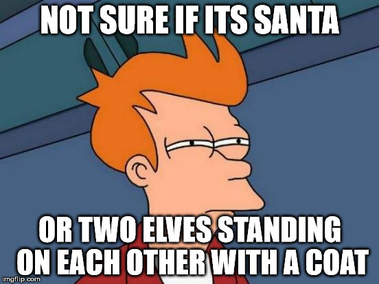 Futurama Fry | NOT SURE IF ITS SANTA OR TWO ELVES STANDING ON EACH OTHER WITH A COAT | image tagged in memes,futurama fry | made w/ Imgflip meme maker