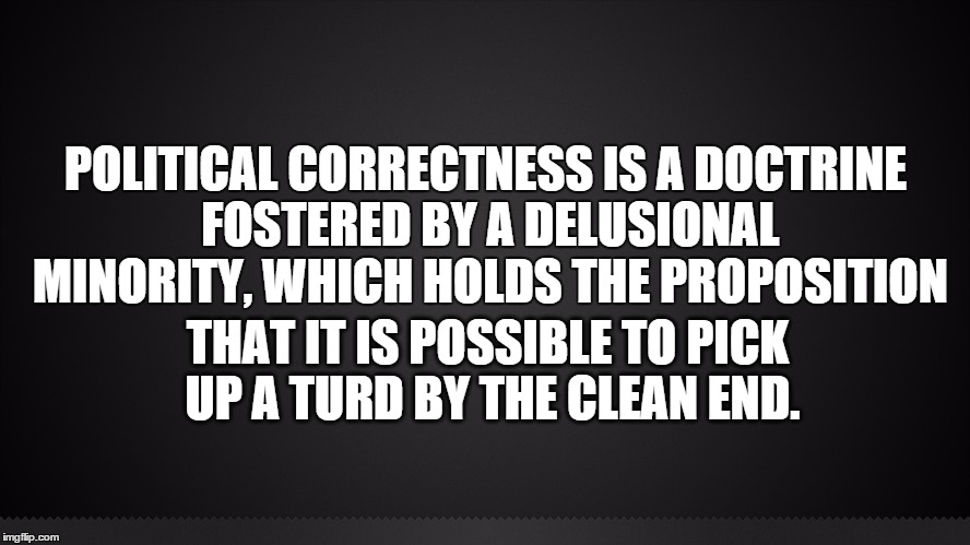 POLITICAL CORRECTNESS IS A DOCTRINE FOSTERED BY A DELUSIONAL MINORITY, WHICH HOLDS THE PROPOSITION THAT IT IS POSSIBLE TO PICK UP A TURD BY  | image tagged in black | made w/ Imgflip meme maker