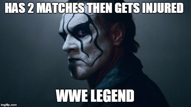 Sting WWE | HAS 2 MATCHES THEN GETS INJURED WWE LEGEND | image tagged in sting wwe | made w/ Imgflip meme maker