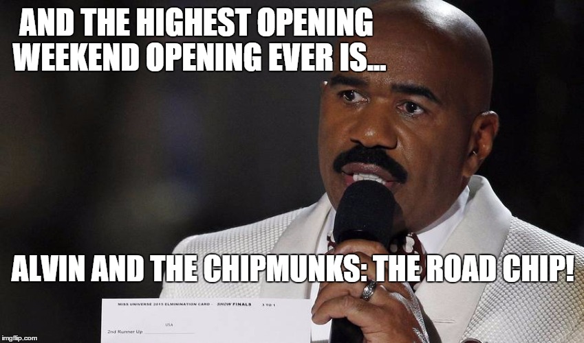 And the winner is... | AND THE HIGHEST OPENING WEEKEND OPENING EVER IS... ALVIN AND THE CHIPMUNKS: THE ROAD CHIP! | image tagged in steve harvey,ms universe | made w/ Imgflip meme maker