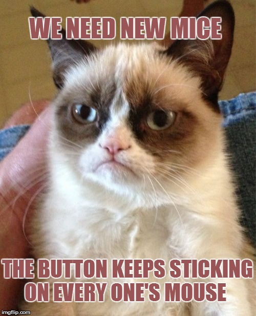 Is it Still Mice  | WE NEED NEW MICE THE BUTTON KEEPS STICKING ON EVERY ONE'S MOUSE | image tagged in memes,grumpy cat,mouse,computers/electronics,computer mouse | made w/ Imgflip meme maker