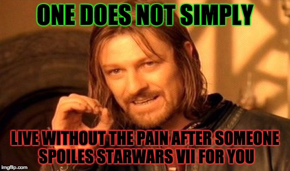 One Does Not Simply | ONE DOES NOT SIMPLY LIVE WITHOUT THE PAIN AFTER SOMEONE SPOILES STARWARS VII FOR YOU | image tagged in memes,one does not simply | made w/ Imgflip meme maker