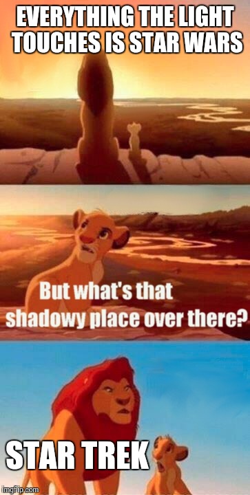 Simba Shadowy Place Meme | EVERYTHING THE LIGHT TOUCHES IS STAR WARS STAR TREK | image tagged in memes,simba shadowy place | made w/ Imgflip meme maker