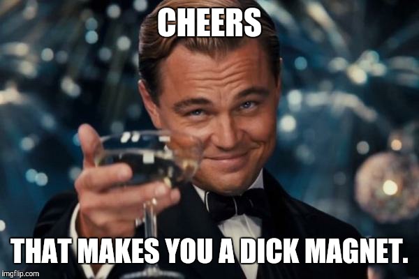 Leonardo Dicaprio Cheers Meme | CHEERS THAT MAKES YOU A DICK MAGNET. | image tagged in memes,leonardo dicaprio cheers | made w/ Imgflip meme maker