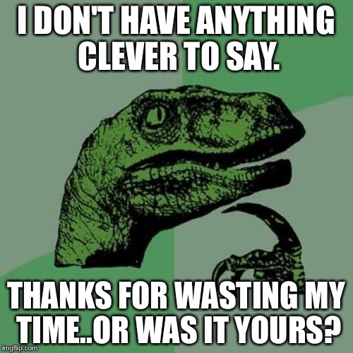 Philosoraptor | I DON'T HAVE ANYTHING CLEVER TO SAY. THANKS FOR WASTING MY TIME..OR WAS IT YOURS? | image tagged in memes,philosoraptor | made w/ Imgflip meme maker