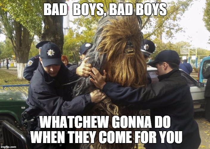 chewbacca arrested | BAD  BOYS, BAD BOYS WHATCHEW GONNA DO WHEN THEY COME FOR YOU | image tagged in chewbacca arrested | made w/ Imgflip meme maker
