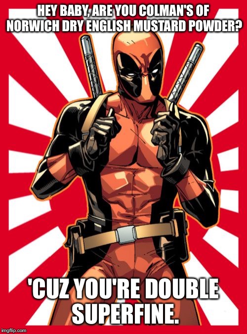 Deadpool Pick Up Lines | HEY BABY, ARE YOU COLMAN'S OF NORWICH DRY ENGLISH MUSTARD POWDER? 'CUZ YOU'RE DOUBLE SUPERFINE. | image tagged in memes,deadpool pick up lines | made w/ Imgflip meme maker