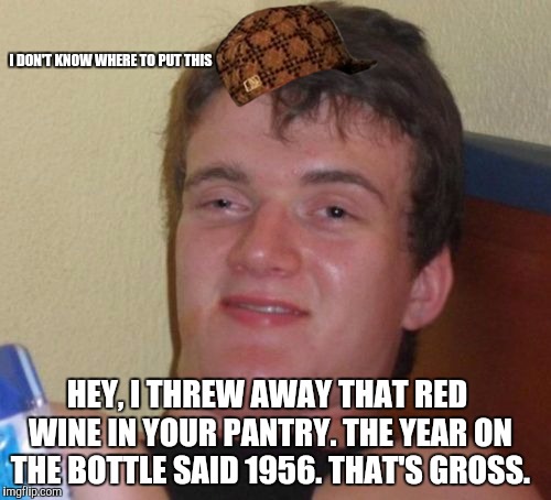 You mortal fool, what have you done!? (true story, my brother did this to me) | I DON'T KNOW WHERE TO PUT THIS HEY, I THREW AWAY THAT RED WINE IN YOUR PANTRY. THE YEAR ON THE BOTTLE SAID 1956. THAT'S GROSS. | image tagged in memes,10 guy,scumbag | made w/ Imgflip meme maker