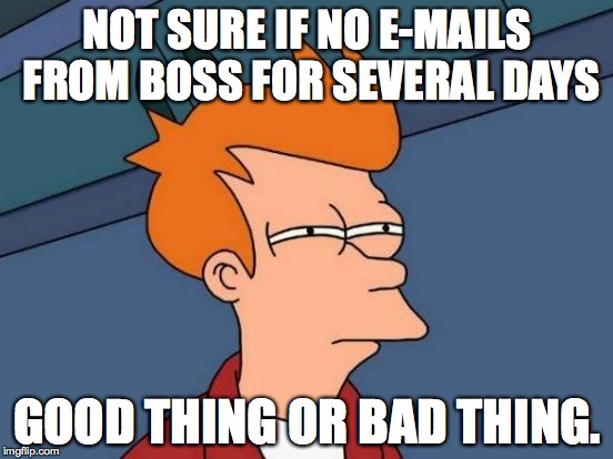 Futurama Fry Meme | NOT SURE IF NO E-MAILS FROM BOSS FOR SEVERAL DAYS GOOD THING OR BAD THING. | image tagged in memes,futurama fry | made w/ Imgflip meme maker