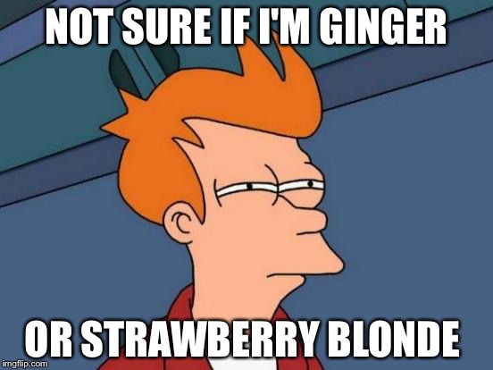 Futurama Fry | NOT SURE IF I'M GINGER OR STRAWBERRY BLONDE | image tagged in memes,futurama fry | made w/ Imgflip meme maker