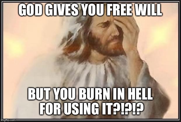 Face palm jesus | GOD GIVES YOU FREE WILL BUT YOU BURN IN HELL FOR USING IT?!?!? | image tagged in face palm jesus | made w/ Imgflip meme maker