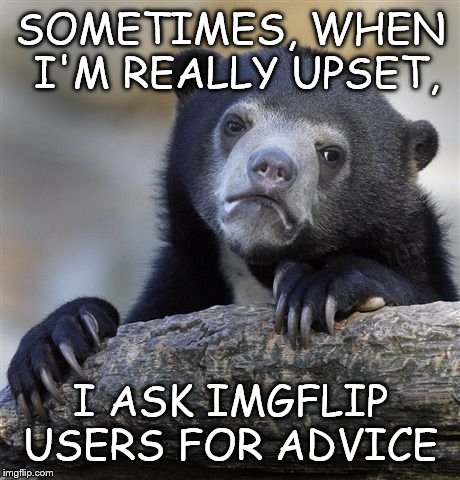 Confession Bear | SOMETIMES, WHEN I'M REALLY UPSET, I ASK IMGFLIP USERS FOR ADVICE | image tagged in memes,confession bear | made w/ Imgflip meme maker