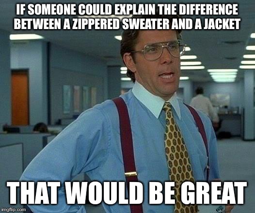 That Would Be Great | IF SOMEONE COULD EXPLAIN THE DIFFERENCE BETWEEN A ZIPPERED SWEATER AND A JACKET THAT WOULD BE GREAT | image tagged in memes,that would be great | made w/ Imgflip meme maker