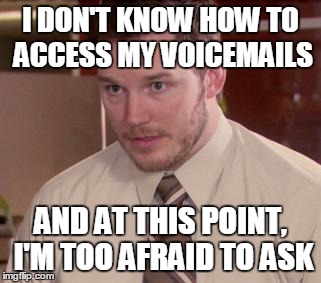 Afraid To Ask Andy (Closeup) | I DON'T KNOW HOW TO ACCESS MY VOICEMAILS AND AT THIS POINT, I'M TOO AFRAID TO ASK | image tagged in memes,afraid to ask andy closeup,AdviceAnimals | made w/ Imgflip meme maker