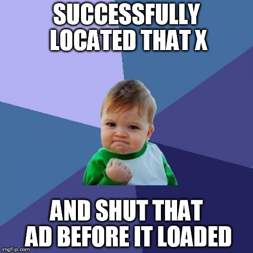Success Kid | SUCCESSFULLY LOCATED THAT X AND SHUT THAT AD BEFORE IT LOADED | image tagged in memes,success kid | made w/ Imgflip meme maker