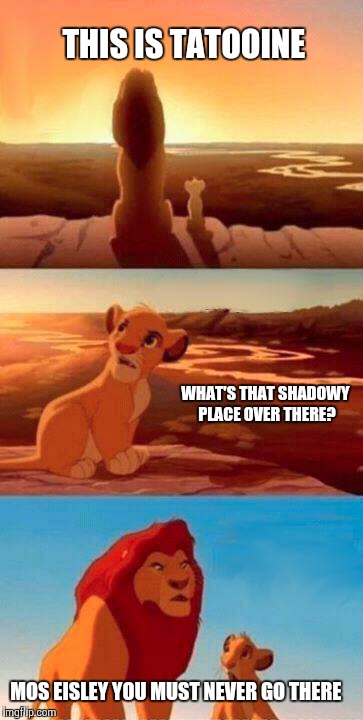 Lion King | THIS IS TATOOINE WHAT'S THAT SHADOWY PLACE OVER THERE? MOS EISLEY YOU MUST NEVER GO THERE | image tagged in lion king | made w/ Imgflip meme maker