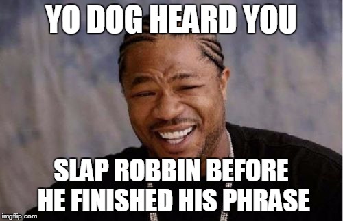 Yo Dawg Heard You Meme | YO DOG HEARD YOU SLAP ROBBIN BEFORE HE FINISHED HIS PHRASE | image tagged in memes,yo dawg heard you | made w/ Imgflip meme maker