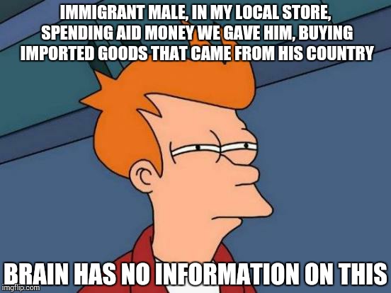 Futurama Fry | IMMIGRANT MALE, IN MY LOCAL STORE, SPENDING AID MONEY WE GAVE HIM, BUYING IMPORTED GOODS THAT CAME FROM HIS COUNTRY BRAIN HAS NO INFORMATION | image tagged in memes,futurama fry | made w/ Imgflip meme maker