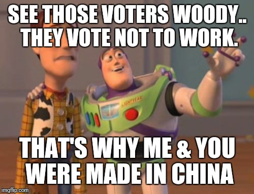 X, X Everywhere Meme | SEE THOSE VOTERS WOODY.. THEY VOTE NOT TO WORK. THAT'S WHY ME & YOU WERE MADE IN CHINA | image tagged in memes,x x everywhere | made w/ Imgflip meme maker