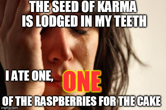 I had to test it, y'know | THE SEED OF KARMA IS LODGED IN MY TEETH I ATE ONE, ONE OF THE RASPBERRIES FOR THE CAKE | image tagged in memes,first world problems,baking,cake,karma | made w/ Imgflip meme maker