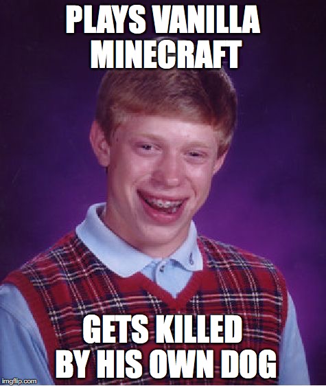 Bad Luck Brian | PLAYS VANILLA MINECRAFT GETS KILLED BY HIS OWN DOG | image tagged in memes,bad luck brian | made w/ Imgflip meme maker