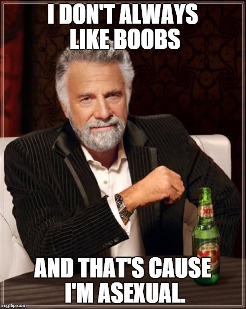 The Most Interesting Man In The World Meme | I DON'T ALWAYS LIKE BOOBS AND THAT'S CAUSE I'M ASEXUAL. | image tagged in memes,the most interesting man in the world | made w/ Imgflip meme maker