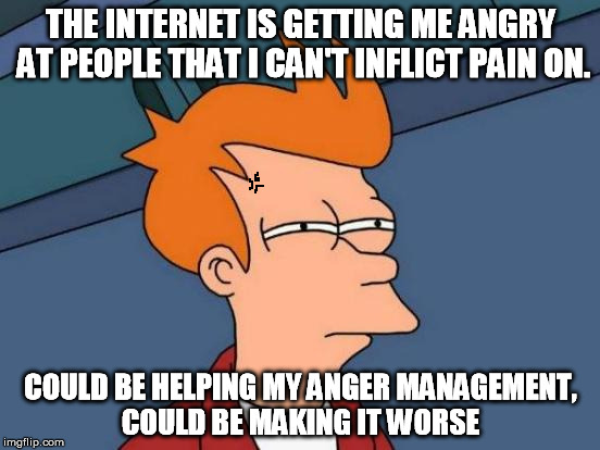 Taking A Breath | THE INTERNET IS GETTING ME ANGRY AT PEOPLE THAT I CAN'T INFLICT PAIN ON. COULD BE HELPING MY ANGER MANAGEMENT, COULD BE MAKING IT WORSE | image tagged in memes,futurama fry,idiots,keyboard warriors,haters,anger | made w/ Imgflip meme maker