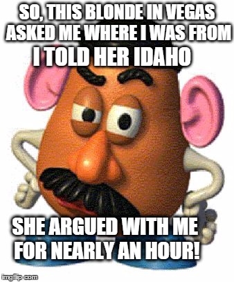 No, I da ho! | SO, THIS BLONDE IN VEGAS ASKED ME WHERE I WAS FROM I TOLD HER IDAHO SHE ARGUED WITH ME FOR NEARLY AN HOUR! | image tagged in mr potato head,memes,no hater tater,funny memes | made w/ Imgflip meme maker