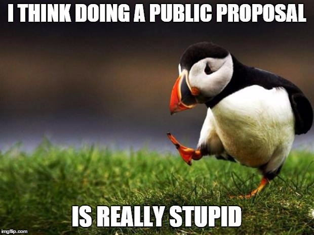 Unpopular Opinion Puffin | I THINK DOING A PUBLIC PROPOSAL IS REALLY STUPID | image tagged in memes,unpopular opinion puffin | made w/ Imgflip meme maker