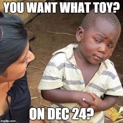 Third World Skeptical Kid Meme | YOU WANT WHAT TOY? ON DEC 24? | image tagged in memes,third world skeptical kid | made w/ Imgflip meme maker