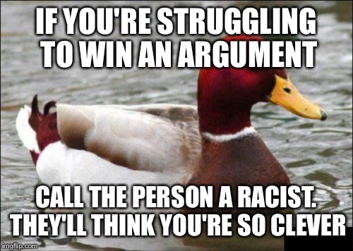 Malicious Advice Mallard | IF YOU'RE STRUGGLING TO WIN AN ARGUMENT CALL THE PERSON A RACIST. THEY'LL THINK YOU'RE SO CLEVER | image tagged in memes,malicious advice mallard | made w/ Imgflip meme maker