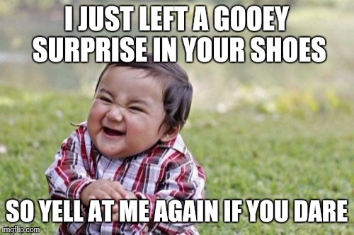 Evil Toddler Meme | I JUST LEFT A GOOEY SURPRISE IN YOUR SHOES SO YELL AT ME AGAIN IF YOU DARE | image tagged in memes,evil toddler | made w/ Imgflip meme maker