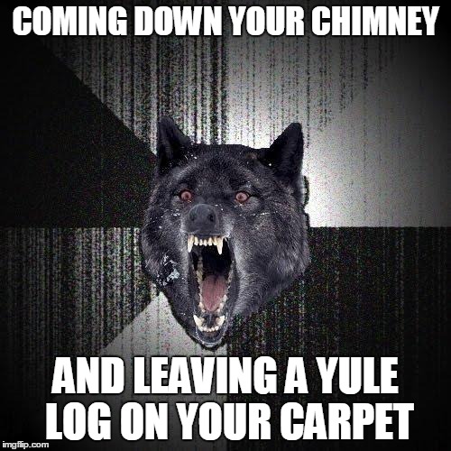 Insanity Wolf | COMING DOWN YOUR CHIMNEY AND LEAVING A YULE LOG ON YOUR CARPET | image tagged in memes,insanity wolf | made w/ Imgflip meme maker