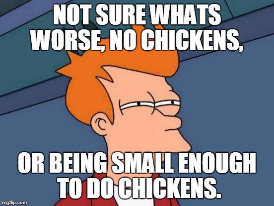 Futurama Fry Meme | NOT SURE WHATS WORSE, NO CHICKENS, OR BEING SMALL ENOUGH TO DO CHICKENS. | image tagged in memes,futurama fry | made w/ Imgflip meme maker