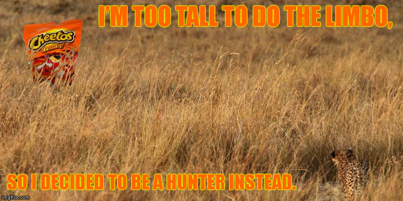 Wild Cheetos | I'M TOO TALL TO DO THE LIMBO, SO I DECIDED TO BE A HUNTER INSTEAD. | image tagged in wild cheetos | made w/ Imgflip meme maker