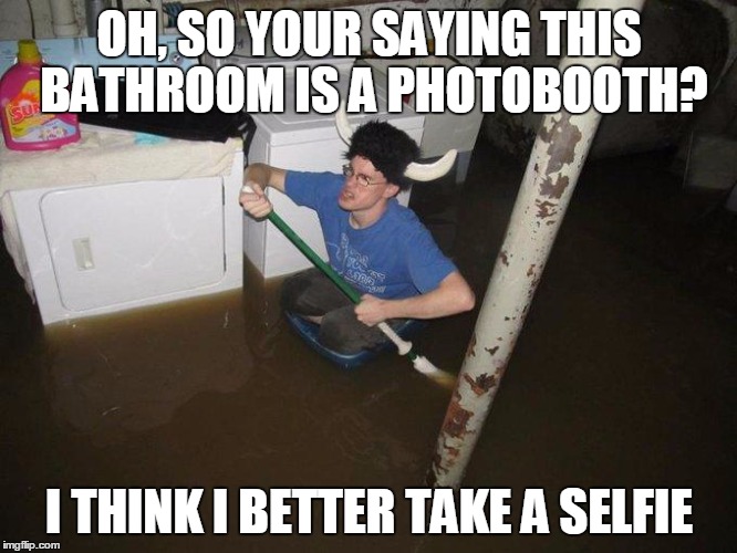 Laundry Viking Meme | OH, SO YOUR SAYING THIS BATHROOM IS A PHOTOBOOTH? I THINK I BETTER TAKE A SELFIE | image tagged in memes,laundry viking | made w/ Imgflip meme maker