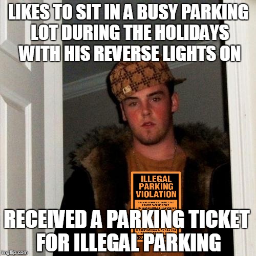 LIKES TO SIT IN A BUSY PARKING LOT DURING THE HOLIDAYS WITH HIS REVERSE LIGHTS ON RECEIVED A PARKING TICKET FOR ILLEGAL PARKING | made w/ Imgflip meme maker
