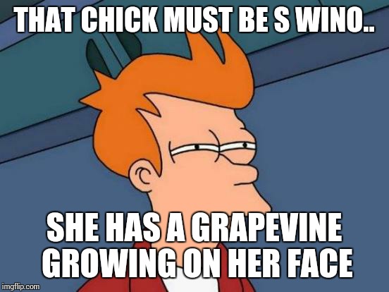 Futurama Fry Meme | THAT CHICK MUST BE S WINO.. SHE HAS A GRAPEVINE GROWING ON HER FACE | image tagged in memes,futurama fry | made w/ Imgflip meme maker