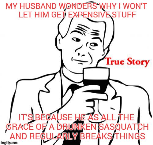 True Story | MY HUSBAND WONDERS WHY I WON'T LET HIM GET EXPENSIVE STUFF IT'S BECAUSE HE AS ALL THE GRACE OF A DRUNKEN SASQUATCH AND REGULARLY BREAKS THIN | image tagged in memes,true story | made w/ Imgflip meme maker