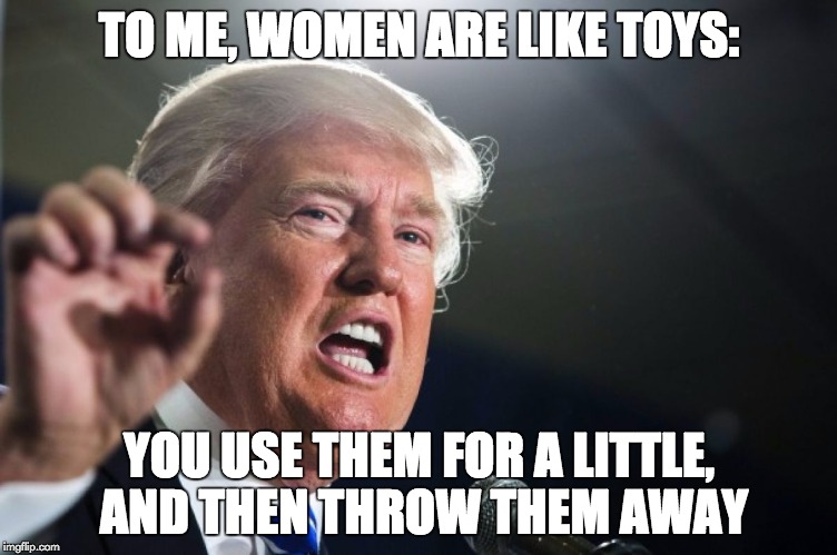 donald trump | TO ME, WOMEN ARE LIKE TOYS: YOU USE THEM FOR A LITTLE, AND THEN THROW THEM AWAY | image tagged in donald trump | made w/ Imgflip meme maker