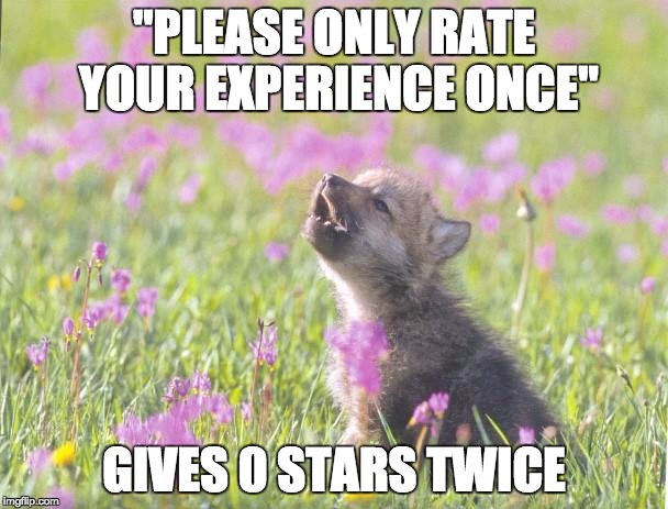 Baby Insanity Wolf | "PLEASE ONLY RATE YOUR EXPERIENCE ONCE" GIVES 0 STARS TWICE | image tagged in memes,baby insanity wolf | made w/ Imgflip meme maker