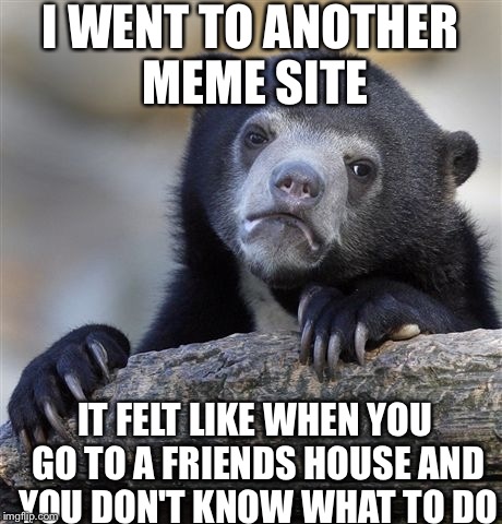 Confession Bear | I WENT TO ANOTHER MEME SITE IT FELT LIKE WHEN YOU GO TO A FRIENDS HOUSE AND YOU DON'T KNOW WHAT TO DO | image tagged in memes,confession bear | made w/ Imgflip meme maker